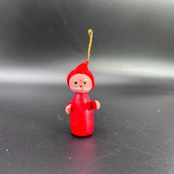 Gnome w/ Mustache & Hat Christmas Tree Ornament Red Wooden Hand Painted Taiwan - Picture 1 of 8